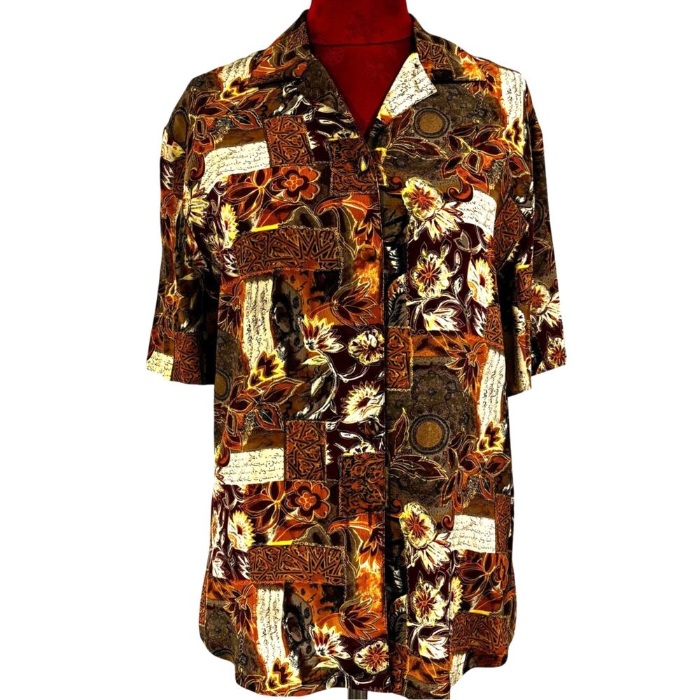 Vintage short sleeve blouse top 100% silk brown gold maroon shirt by TESS size S